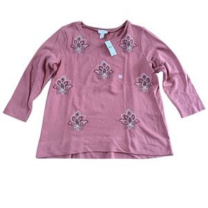 LOFT Women's Mauve Floral Boat Neck 3/4 Sleeve Sweatshirt Size Large